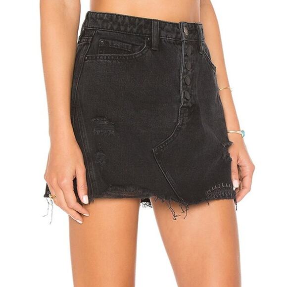 Free People We The Free Black Distressed Jean Skirt 100% Cotton Button Fly Mini - Picture 3 of 14